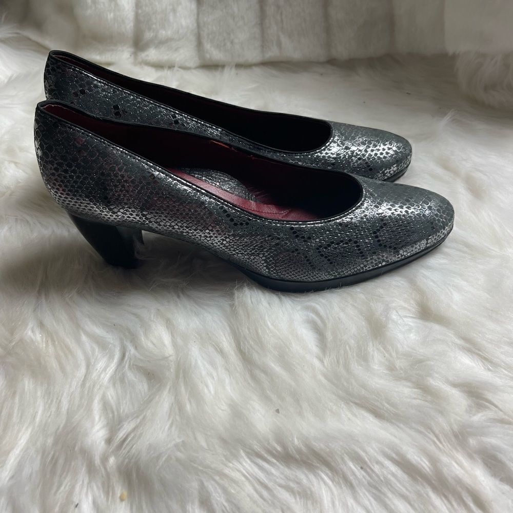 - Ara metallic gray leather snake skin prints slip on 2.5 heels rubber sol…